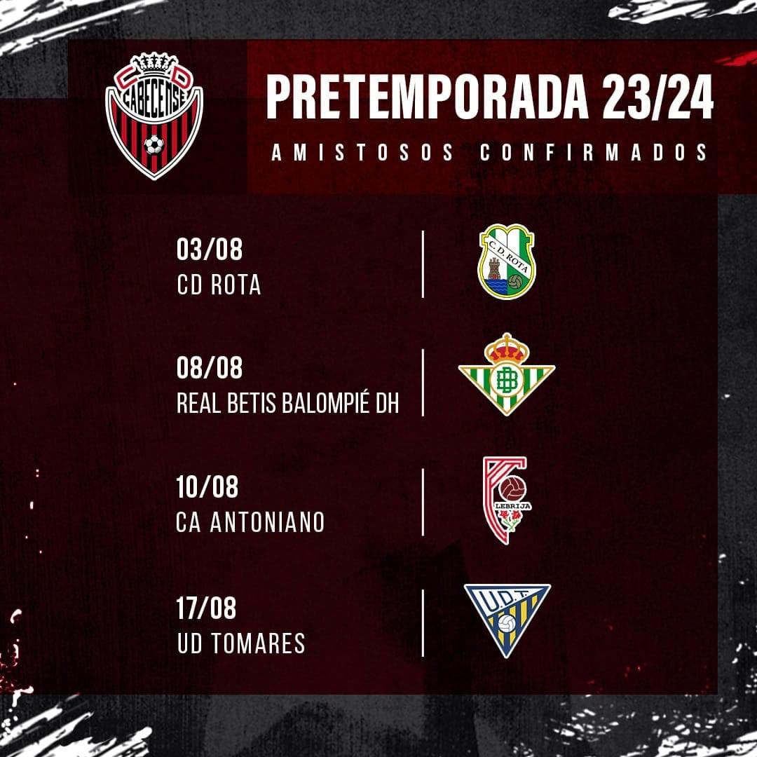 cdcabecense's tweet image. 📢 PRETEMPORADA

🆚 CD Rota
📆 3 Agosto
🏟️ Carlos Marchena

🆚 Real Betis Balompié DH 
📆 8 Agosto
🏟️ Carlos Marchena 

🆚 CA Antoniano
📆 10 Agosto
🏟️ Carlos Marchena

🆚 UD Tomares
📆 17 Agosto
🏟️ Carlos Marchena 

#PretemporadaCense
#CDCabecense