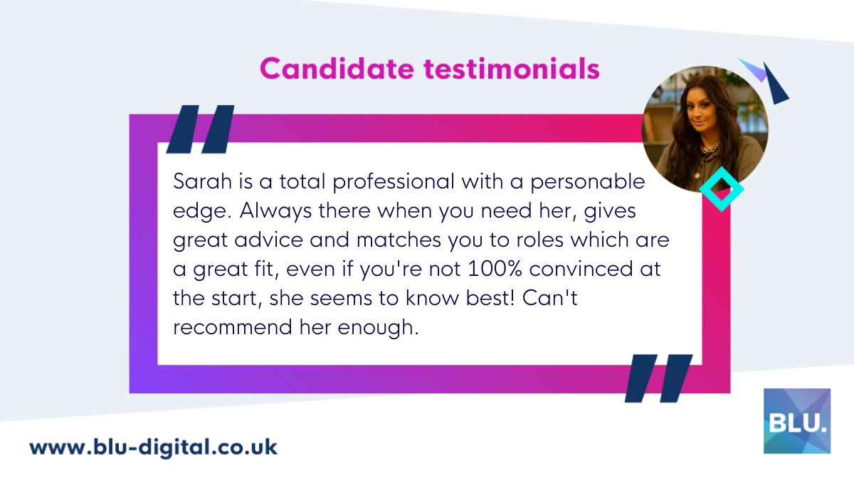 BluDigitalLife's tweet photo. The key to long-term relationships with candidates is the transparent and honest service that Sarah and the rest of our team provide. 👌 

📞 02037941830
📧 sarah.balch@blu-digital.co.uk
⌨ info@blu-digital.co.uk 

#testimonial #candidatefeedback #recruitment https://t.co/Acr6C85Aq9