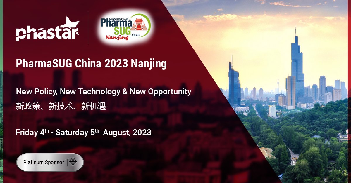 TeamPhastar's tweet image. Excited for #PharmaSUGChina 2023 in Nanjing?
Join us to see our experts, Weidong Liang & Tao Zhang from #Phastar, present on "End-to-End Web-Based #SASProgramming Platform" on Fri 4th Aug, 14:40. And "Automating Column Width and Pagination using #Python" on Sat 5th Aug, 11:15.