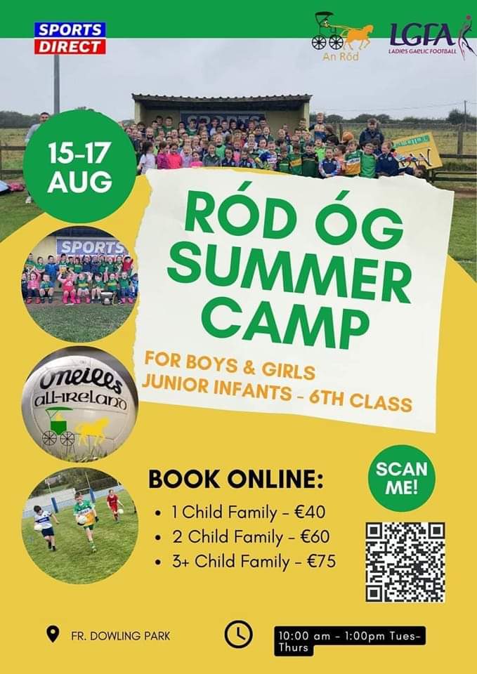 Ród Óg &amp; LGFA together with our GPO Reece are delighted to be hosting a Summer Camp for Primary School children from Tuesday 15th to Thursday 17th August from 10am to 1pm. 

Please click on the following link to register: forms.office.com/e/VzqHuYd8vY.