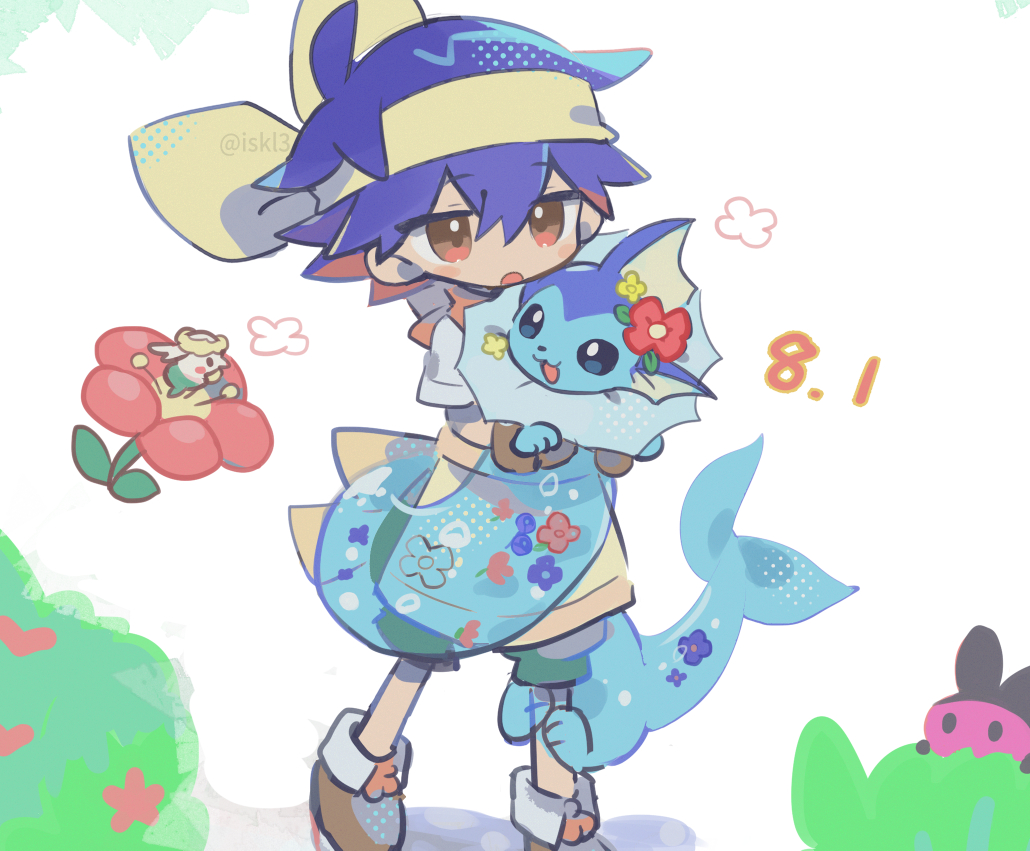 1boy male focus blue hair flower shorts bandana pokemon (creature)  illustration images