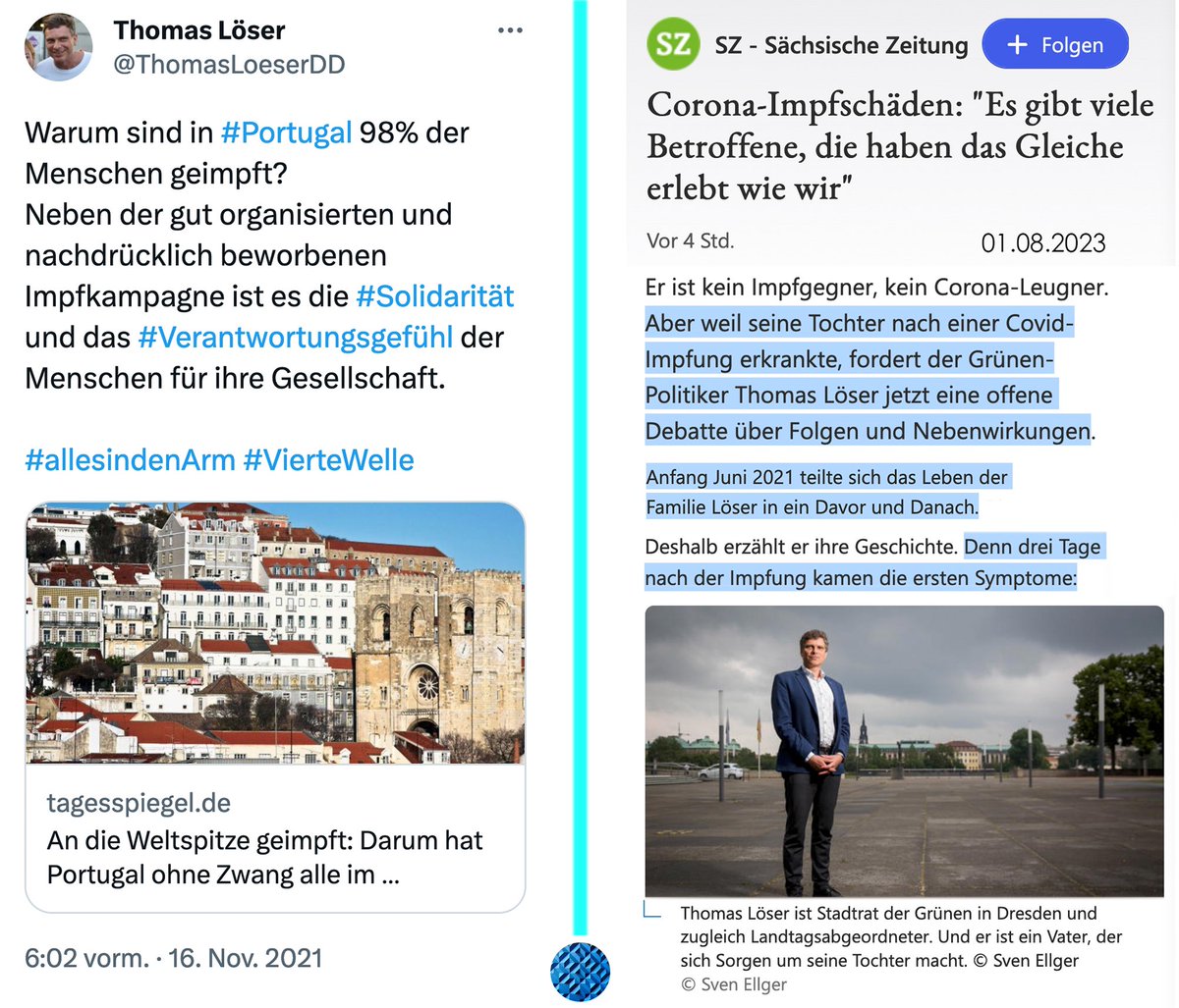 Es ist wirklich nicht zu glauben:

Monate nachdem seine eigene Tochter durch die Impfung chronisch erkrankte, arbeitet der grüne Abgeordnete <a href="/ThomasLoeserDD/">Thomas Löser</a> mit an der menschenverachtenden Covid-Impfpflicht und postet #allesindenArm.

HEUTE fordert er Aufarbeitung.
<a href="/hori_____zont/">_horizont_</a>