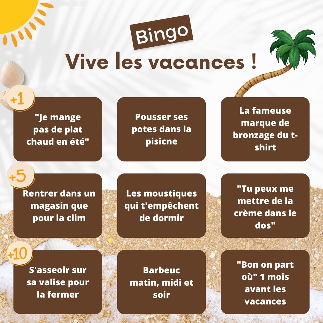 ☀️ Le Bingo de l'Été est là ! 🏖️🍉

Si vous cochez toutes les cases, vous faites officiellement partie de l’élite des vacanciers ! 

#Bingo #été #clichés #amusezvous #estivales #vacances #jeu