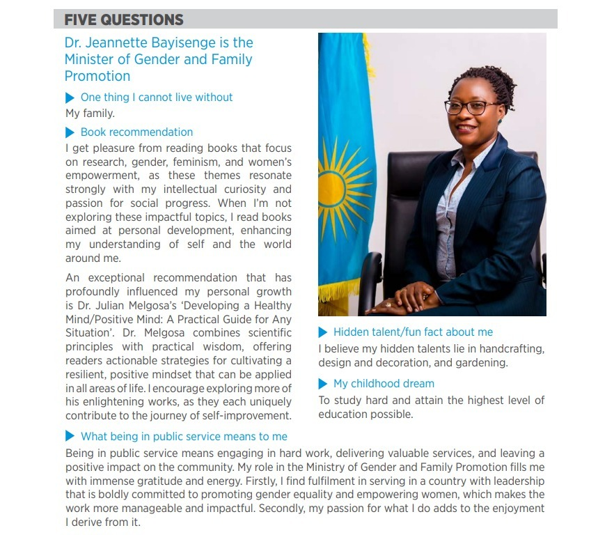 RwandaGender's tweet photo. Do you know the hidden talent of Hon. Minister @BayisengeJn ? 

 "I believe my hidden talents lie in handcrafting, design, decoration, and gardening." @BayisengeJn  confessed. 

Read more on #RwandaWorks weekly digest to explore more about her.
✍️https://t.co/9jVjd9gXHb https://t.co/VHcn8wmurt