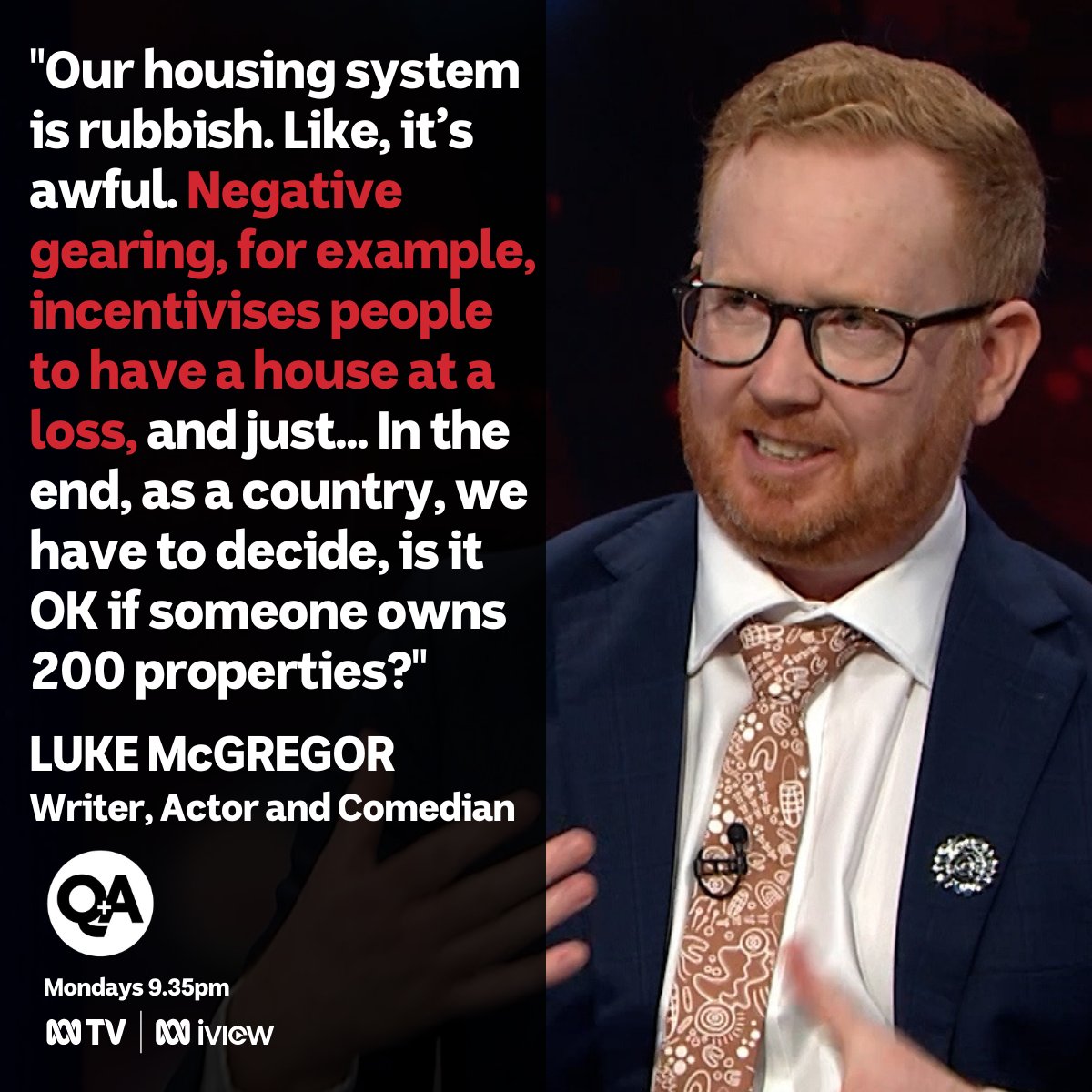 QandA's tweet photo. Writer, Actor and Comedian Luke McGregor shares his thoughts on Australia's housing crisis. 
Watch the full episode here: https://t.co/MXhG5OJUPh  #QandA https://t.co/aUdSKpMhGp