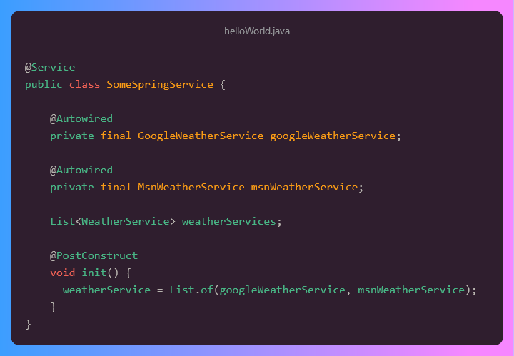 In #Java <a href="/springframework/">Spring Framework</a> you can autowire a List of beans implementing a certain interface like this. No need to manuall specifying fields and adding them into the List in <a href="/PostConstruct/">@PostConstruct</a> method.