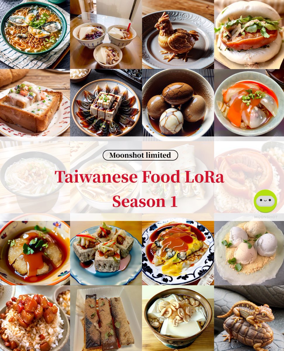 MoonshotAI_'s tweet photo. 📣 Moonshot’s limited LoRa is rolling out！
If you have ever been to Taiwan, you must have been impressed by the food here.
.
How to use the Taiwanese food LoRa:
➊ Add Moonshot as a friend.
➋ Type ’’/台灣美食‘’ to browse list
➌ Click the button to acquire the prompt!
#AI #lora https://t.co/RQK3bS4WZG