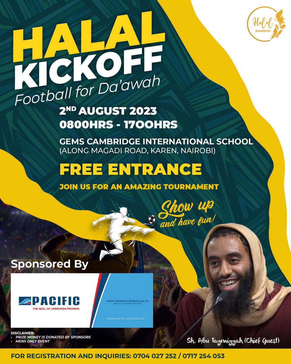 HalalEventbrite's tweet photo. Only Men!!!
⚽️ Halal KickOff is happening tomorrow at GEMS Cambridge on August 2nd! Witness the electrifying football tournament featuring the inspiring Sh. Abu Taymiyyah! Don't miss out on the action, register now and secure your spot!
#HalalKickOff #FootballTournament https://t.co/2zbpTGtuPv