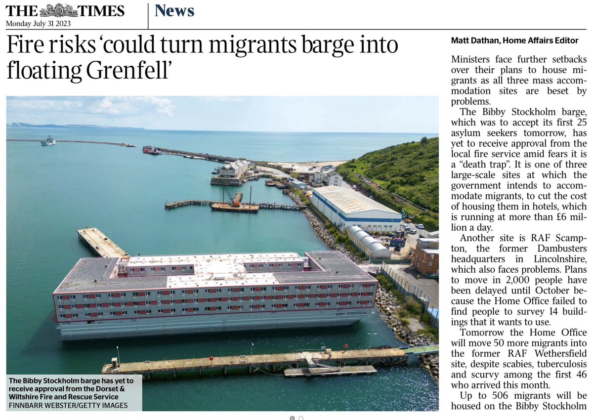 IainKitching's tweet photo. The Bibby Stockholm has failed fire regulations, and been described as ‘totally inadequate’ and a ‘floating Grenfell’. Shame on you once again @suellabraverman #toryshambles #prisonboat #deathtrap #refugeecrisis #bibby https://t.co/3EwvWdmVde