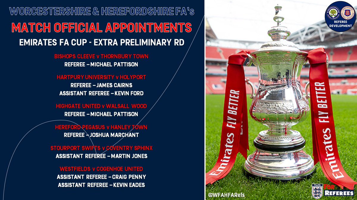 WFAHFARefs's tweet photo. 🏆 𝗙𝗔 𝗖𝗨𝗣 𝗔𝗣𝗣𝗢𝗜𝗡𝗧𝗠𝗘𝗡𝗧𝗦 🏆

This weekend sees the @EmiratesFACup begin for another season. Over 200 games will be played up and down the country and some of our officials have received prestigious appointments to some of those ties 👏

Good luck to all involved💪 https://t.co/GgLzClywXo