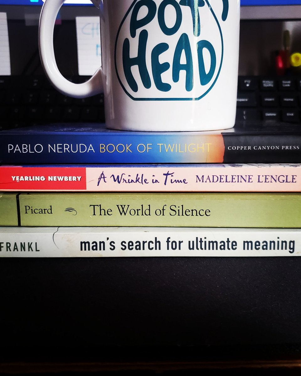 Post-Iron pushing/bagwork reading for morning reflections.  What are you reading, friends and colleagues? #TherapistsConnect #TherapistTwitter #8thdaybooks #therapistsread #neruda #poetry #frankl #madeleinelengle #picard