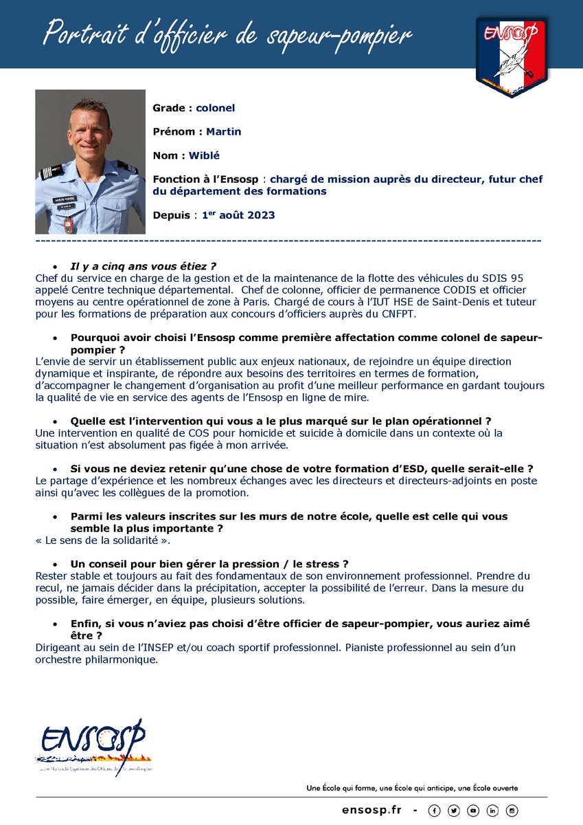 L'inspecteur général <a href="/GregoryAllione/">Grégory Allione</a> et l'ensemble du personnel souhaitent la 𝐛𝐢𝐞𝐧𝐯𝐞𝐧𝐮𝐞 au colonel <a href="/martin_wible/">Martin Wible</a> qui prend aujourd'hui ses fonctions à l'Ensosp à l'issue de sa formation au sein de 
la 5ᵉ promotion des emplois supérieurs de direction @esd_ensosp  #ESD5