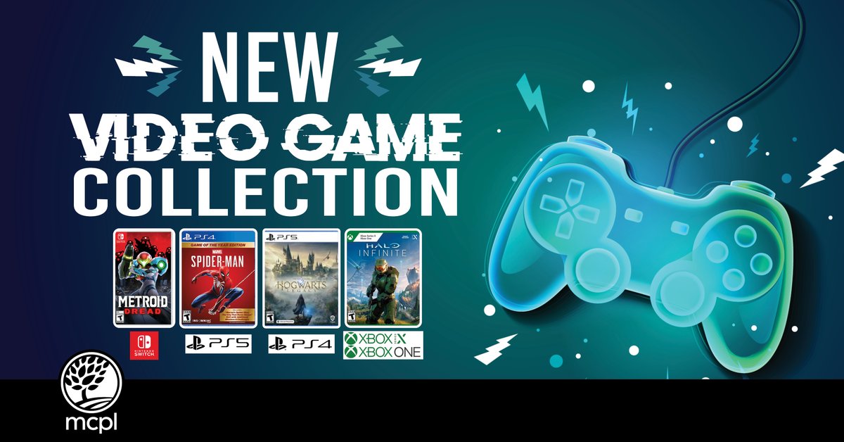 We now have video games in The Ground Floor teen space at the Downtown Library available for all patrons to check out. 🎮 Browse in-person or online! 🖥️ Supported systems include PS4, PS5, XBOX One, XBOX Series X, and Nintendo Switch.