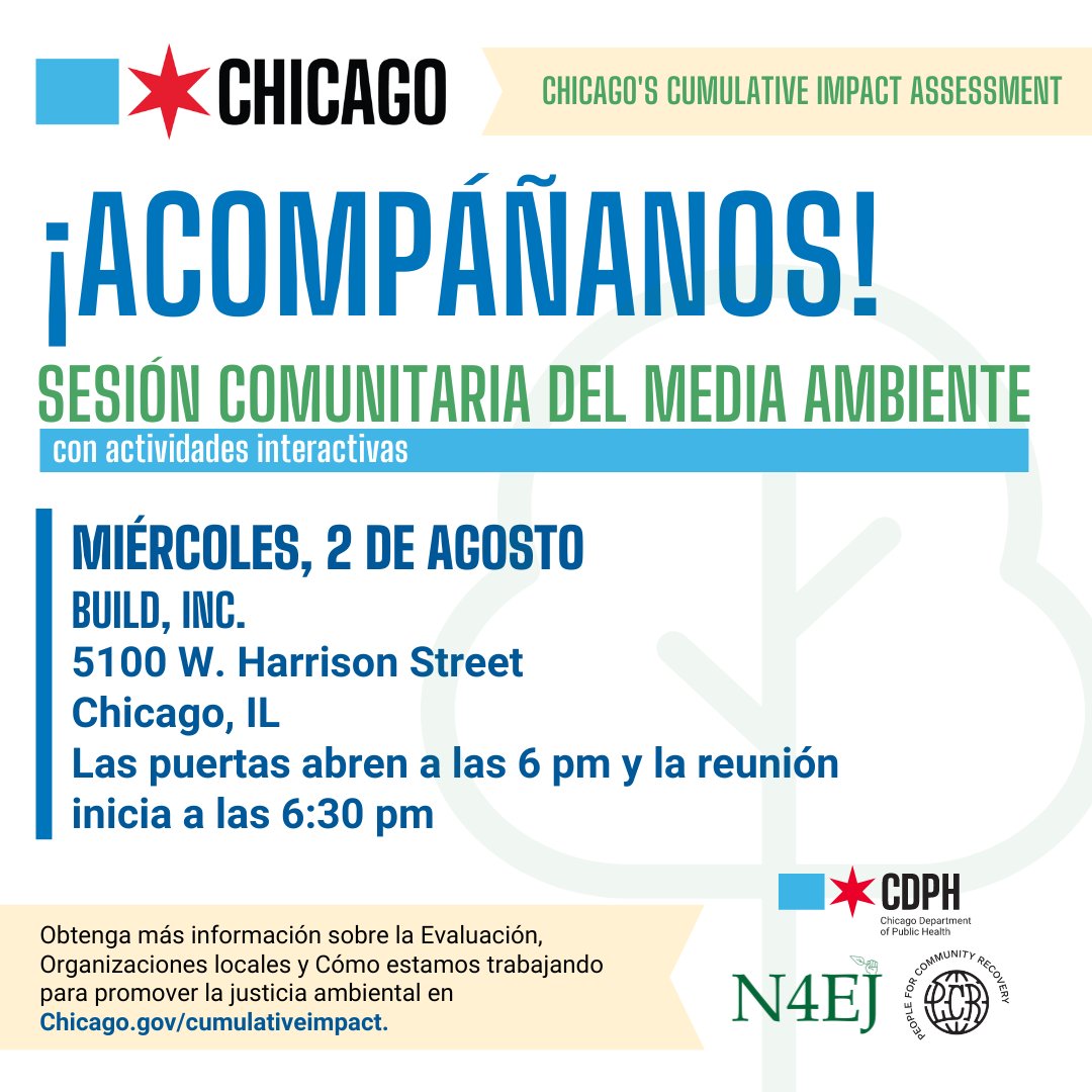 ChicagoDOE's tweet photo. We want to hear from you! Join the discussion tomorrow (8/2) to learn more about Chicago’s environmental justice initiative known as the  Cumulative Impact Assessment. Share your ideas and hear directly from City representatives. https://t.co/GIvOR46mP8