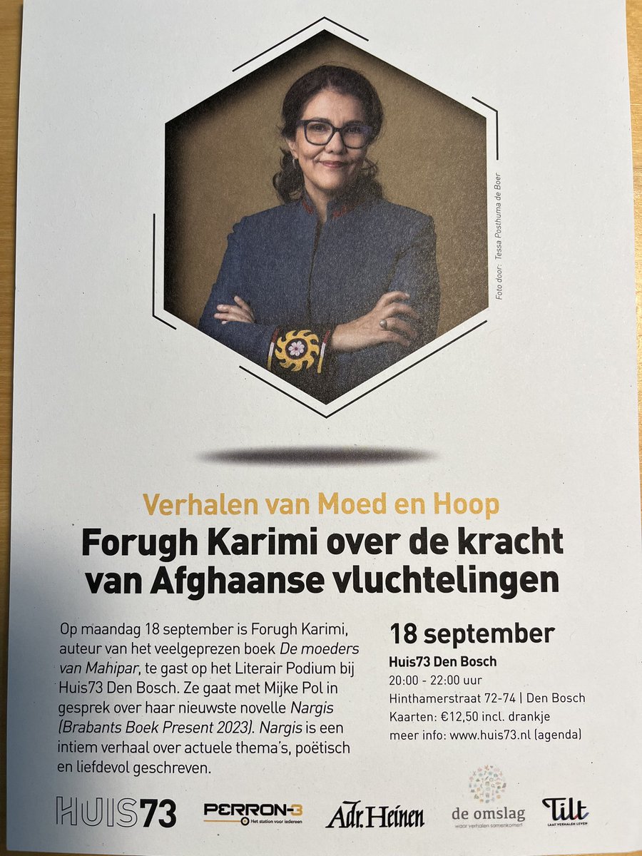 “de Moeders van Mahipar” gelezen en benieuwd naar het #BrabantsBoekPresent2023 Kom dan op 18 september naar @huis73 voor een avond met Forugh Karimi
<a href="/AdrHeinen/">Boekhandel Heinen</a> @boekhandeldeomslag
#ForughKarimi #Nargis #Afghaansevluchtelingen