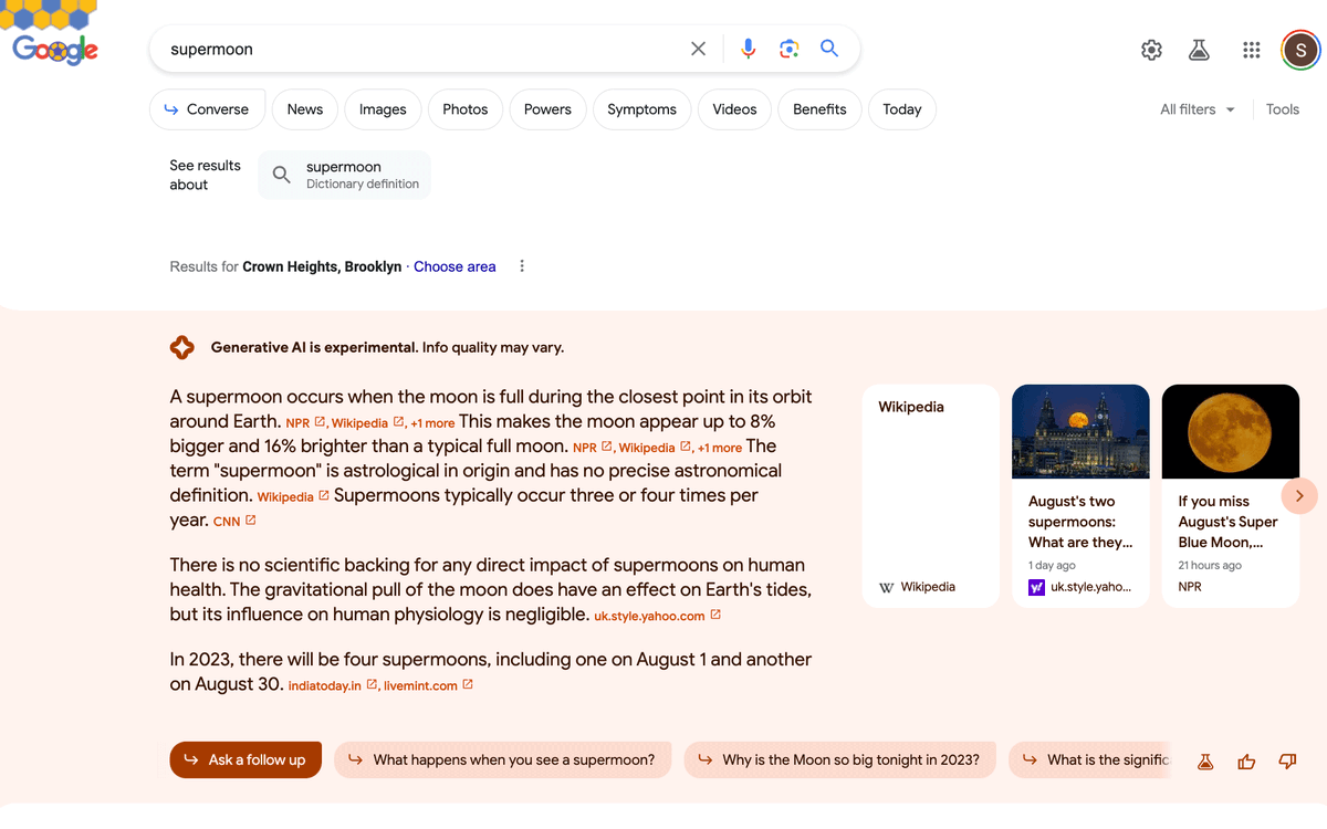 rustybrick's tweet photo. ICYMI: Google testing links in the Search Generative Experience AI-generated answer https://t.co/xDekzMiTED https://t.co/LHhnxfV9hV