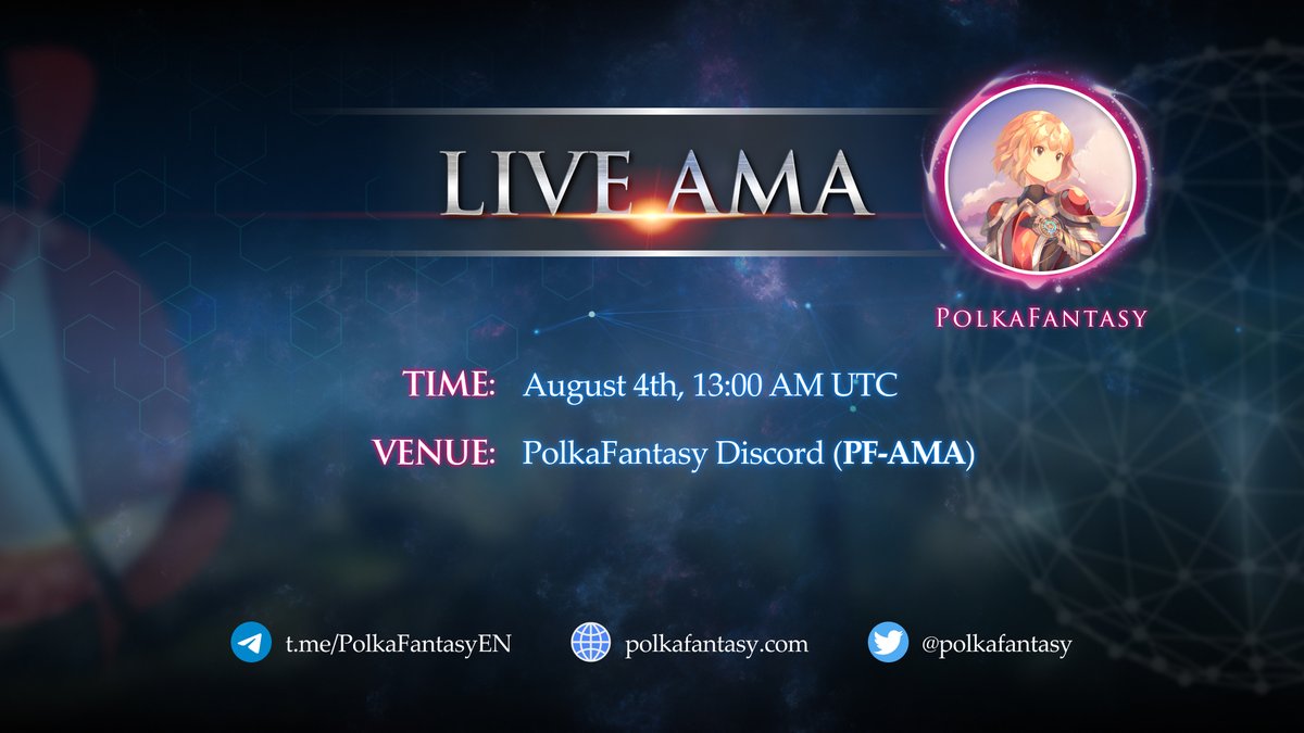 Get ready for AMA on #PolkaFantasy Discord on 4th Aug 13:00 UTC!🙋 Chat with our CEO @AlexHuiPF about the game and the project, and bring your questions!🌟 The AMA will be conducted in English, but questions in any language are welcome.