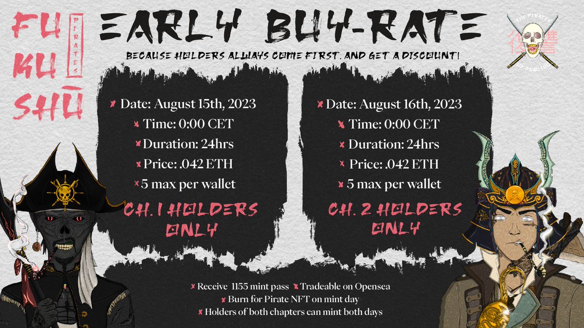 Trying to get an early Pirate❓

Then the Early Buy-Rate is for you❗
A sale, exclusively for our holders

❗ Ξ0.042
❗ limited time only (24 hours each)
❗ Mint passes are tradeable on <a href="/opensea/">OpenSea</a> 
❗ 5 max per wallet (10 for holders of both chapters)