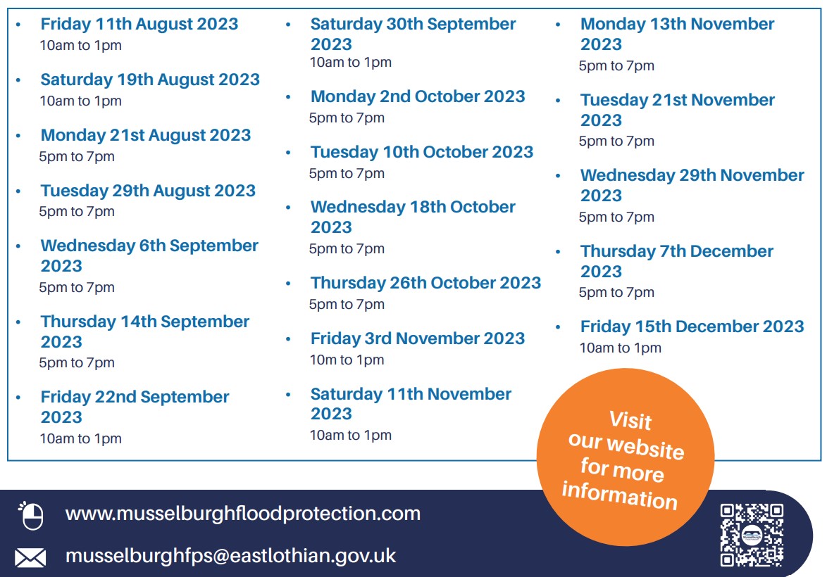 ELCouncil's tweet photo. The Drop-in Consultation opportunities around the Musselburgh Flood Protection Scheme will continue for the remainder of 2023 at The Brunton.  The days and times for the consultations have been arranged to allow for as many as possible to attend.
https://t.co/scAY10b1qk https://t.co/YzVsY9Dvrb
