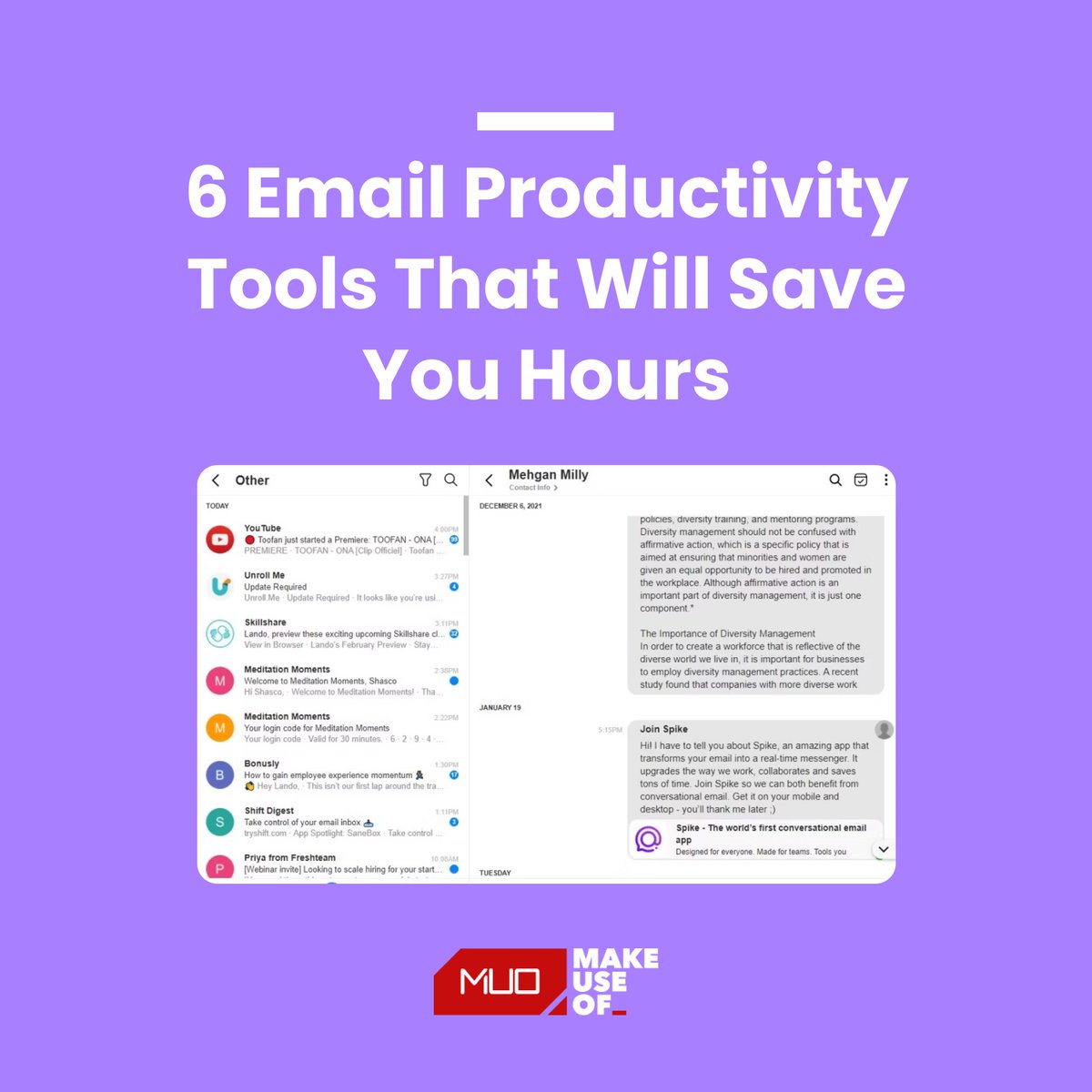 SpikeNowHQ's tweet photo. Are you spending too much time in your inbox? ⏳
Here's 6 email productivity tools - including Spike! - that will save you hours.
Thanks for the mention @MUO_official
Check out the full list >> https://t.co/CyrxI2uiuD
#spikenow #productivitytools #inbox #timesavingtips https://t.co/NsDpFvNtDe