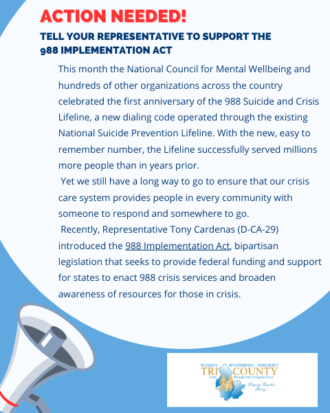 TriOrganization's tweet photo. Contact your Congressional Representatives and urge them to support the 988 Implementation Act. 
Time is of the essence. Act today, and together we can strengthen the crisis care continuum. https://t.co/4ToDGwx1nT