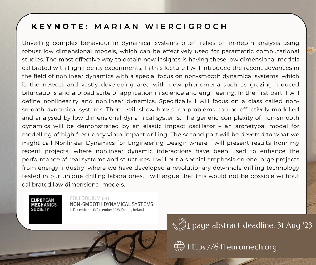 The NSDS2023 team is delighted to welcome Prof. Marian Wiercigroch as our guest speaker! Join us as he explores 'Calibrated Low Dimensional Models in Non-smooth Dynamics'. Details here: 641.euromech.org #NonlinearDynamics #NSDS2023 #EuromechColloquium