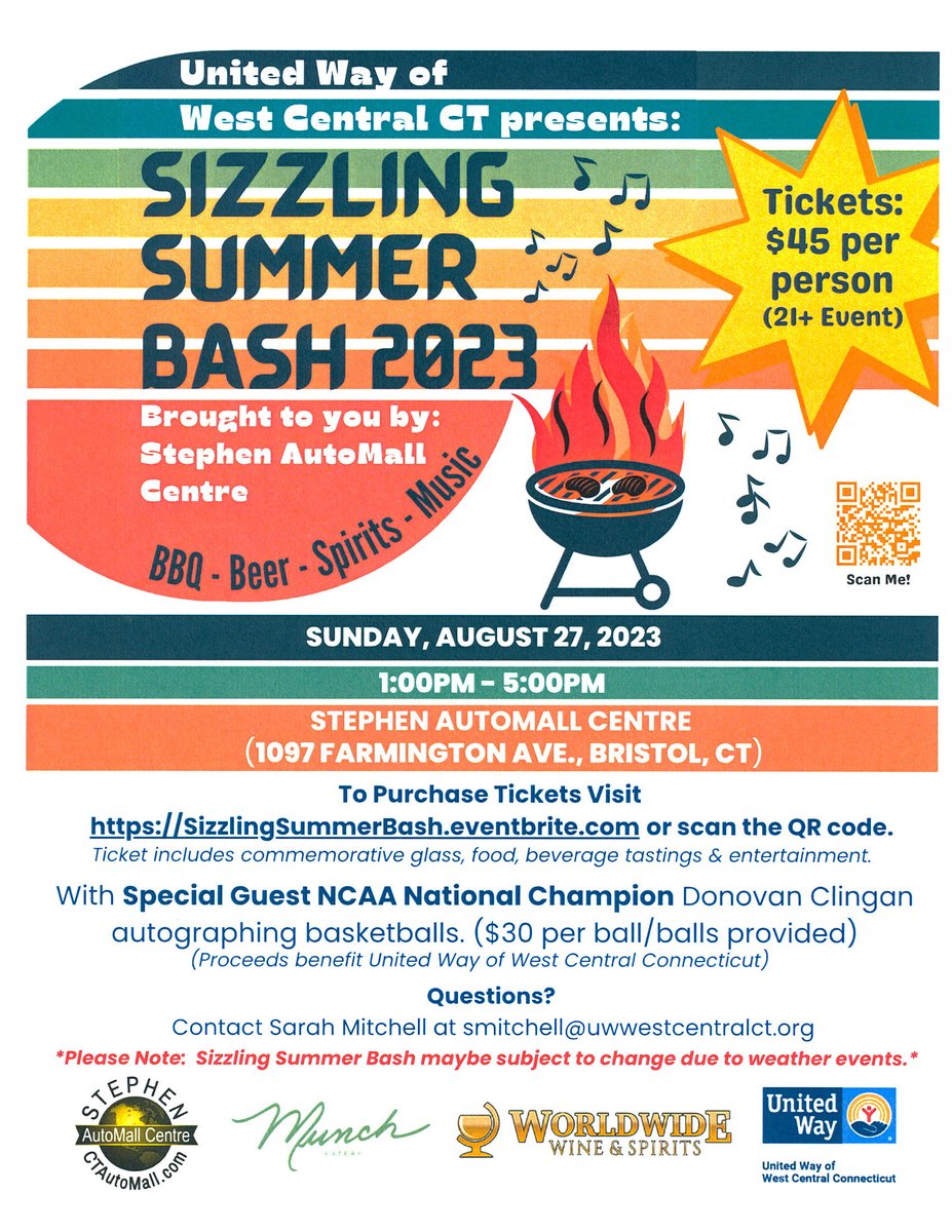 ctautomall's tweet photo. Join us on Sunday August, 27th for our Sizzling Summer Bash at Stephen AutoMall Centre! We will have food, music, beverage tastings and more! With special guest NCAA National Champion Donovan Clingan autographing basketballs!

Visit https://t.co/sPBtqqT8E1 to purchase tickets. https://t.co/MXrTTHAyh4