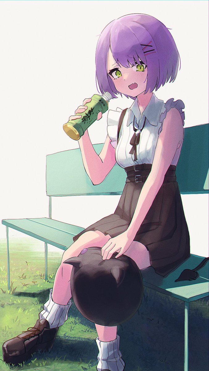 tokoyami towa 1girl green eyes purple hair short hair sitting skirt demon tail  illustration images