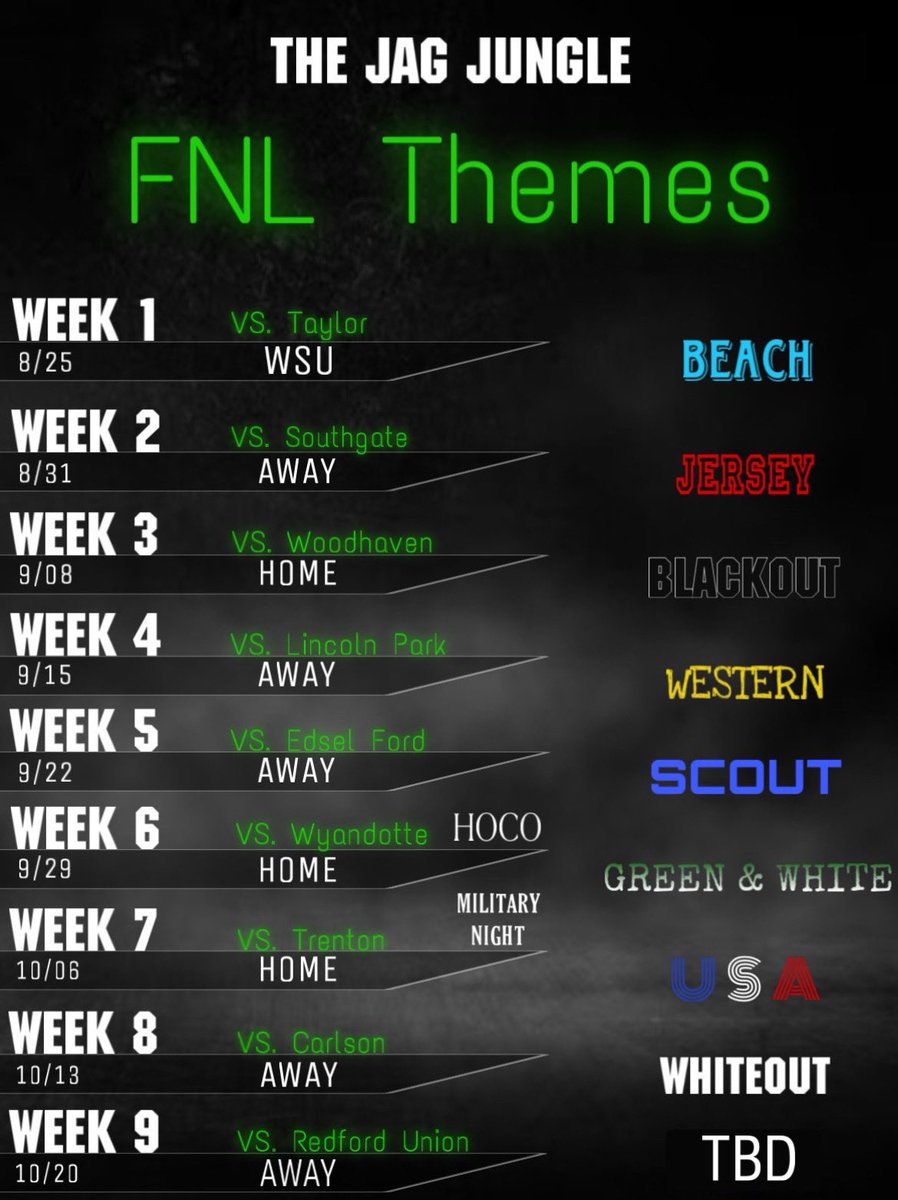 HAPPY KICKOFF MONTH LADIES AND GENTLEMEN🎉🎉 ITS AUGUST AND THAT MEANS 24 DAYS UNTIL THE JAGS KICKOFF AT WAYNE STATE!!! CHECK OUT THE THEMES BELOW AND BE READY TO SHOW OUT AND GET LOUD THIS YEAR ‼️‼️‼️‼️#FNL #ROLLJAGS #GriffinsOTC