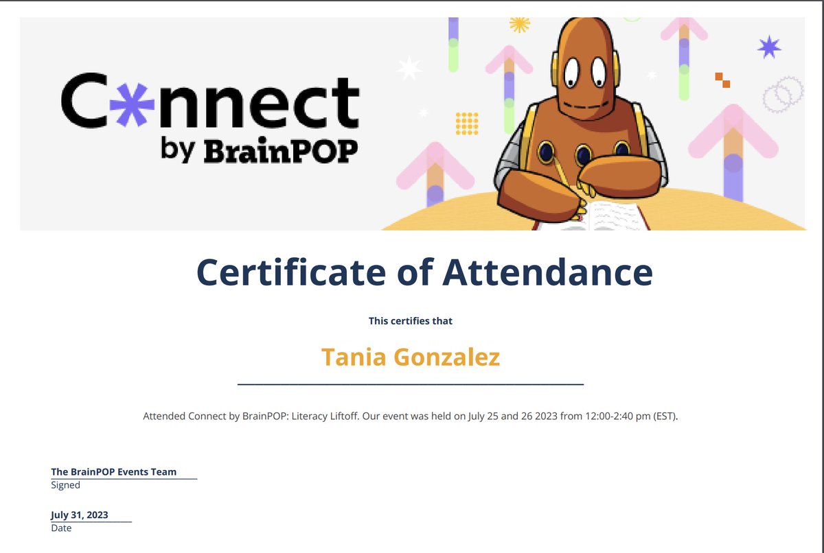MrsTGonzalez's tweet photo. Thank You @brainpop 🧡 for my Certificate of Attendance at #BrainPOPConnect !! #Learning
📸: Moby & Tania at #TCCA https://t.co/159WEHxA4m
