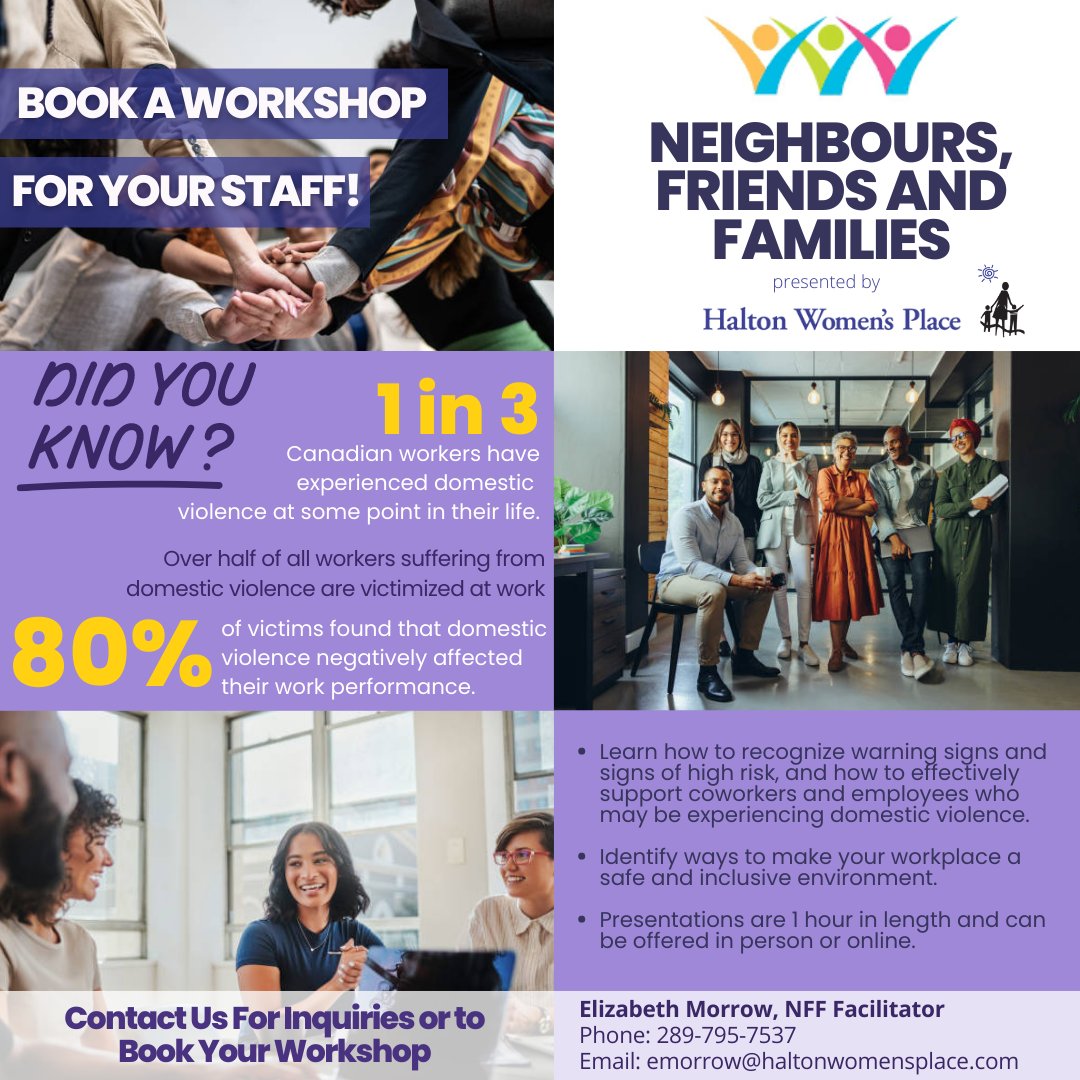 Did you know 70% of women experiencing DV are victimized while at work? As an employer, you have a crucial role to #MakeitYOURBusiness, protect your employees and create a safe environment for everyone.

Contact emorrow@haltonwomensplace.com to book a workshop for your staff!
