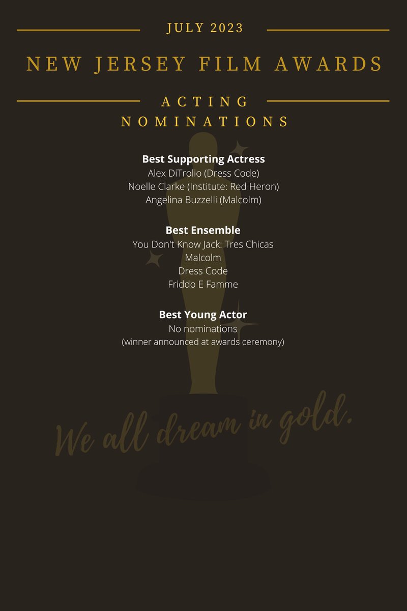 njfilmawards's tweet photo. Acting nominations are in! Winners in all categories will be announced during our awards ceremony tonight at 8pm EST on YouTube. Link in profile. Good luck to our nominees! 🎥🍿 https://t.co/rOx8UHeHEA