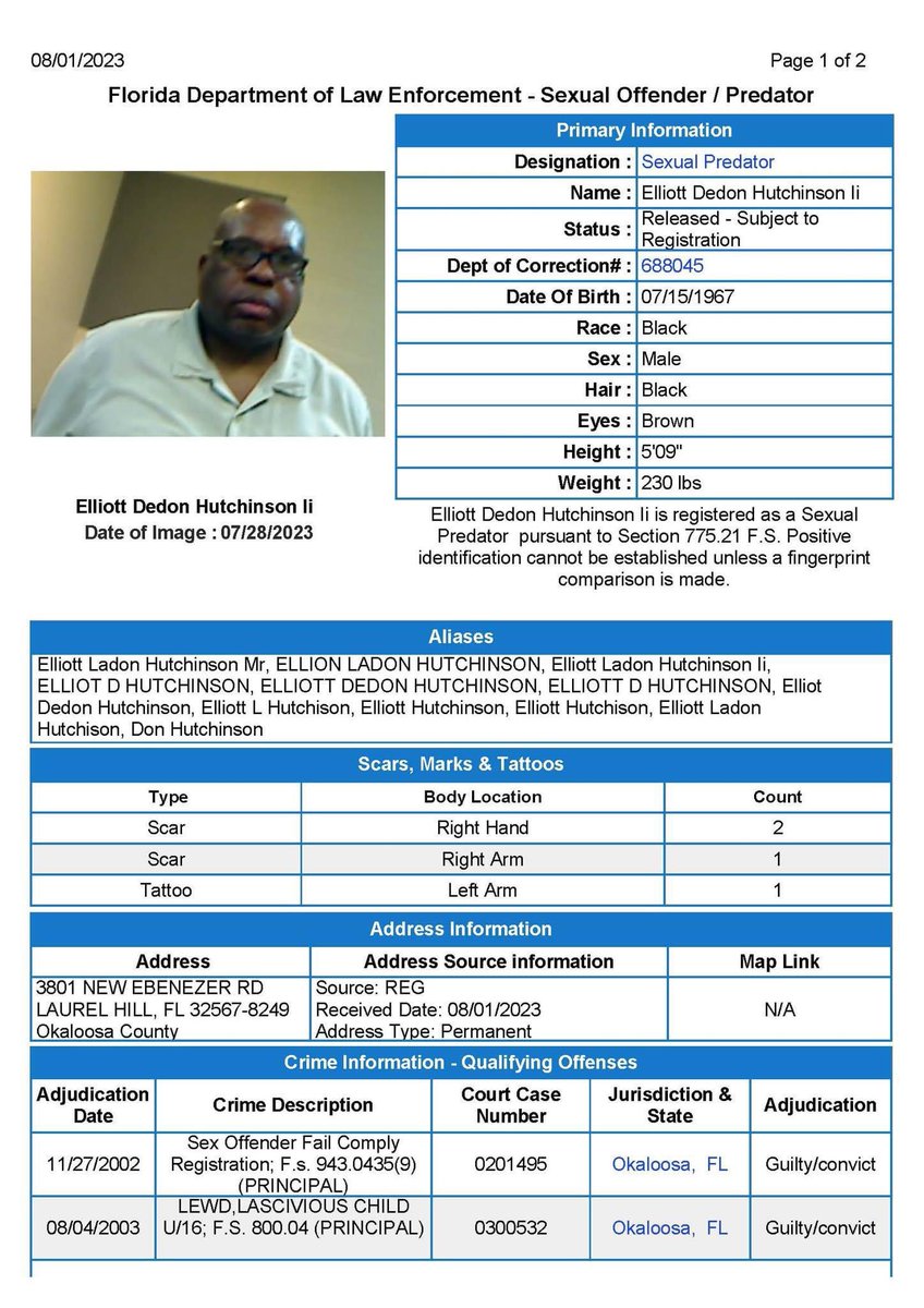 OCSOALERTS's tweet photo. Sexual Predator Change of Address Notification for Elliott Dedon Hutchinson, II -  Current permanent address of 3801 New Ebenezer Road in Laurel Hill. View flyer: https://t.co/kX8StFyY2y https://t.co/QyZ809A1Fq