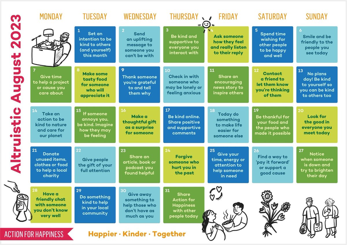 EtechJobs's tweet photo. In today’s world, so much is directing us to think only about ourselves. Our friends at Action for Happiness want to help change that! 
Check out the August calendar below which encourages each of us to make one kind act per day.
#August #AltruisticAugust #actionforhappiness https://t.co/oPNYIMR3BU