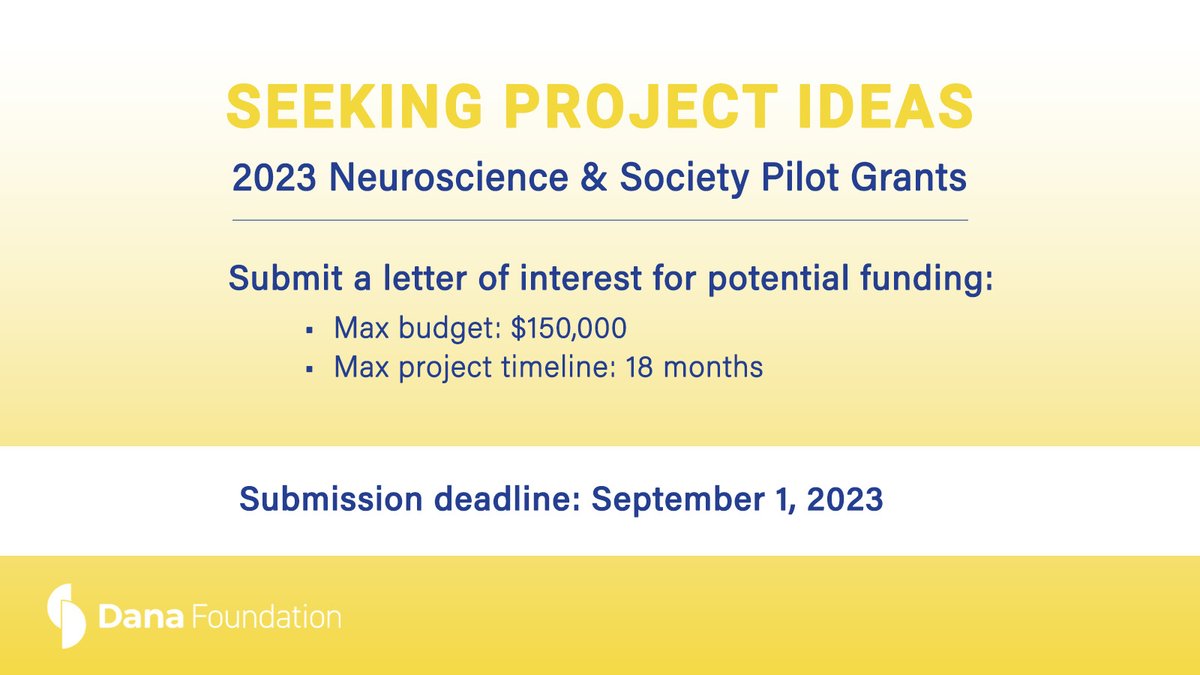 dana_fdn's tweet photo. New funding opportunity! We are currently accepting letters of interest (2 pages max length) for pilot projects in Neuroscience &amp; Society. Applicants may request up to $150,000 in funding for projects over a period of up to 18 months. For details, visit https://t.co/ADCcCPsaKk https://t.co/TtXyEBq698