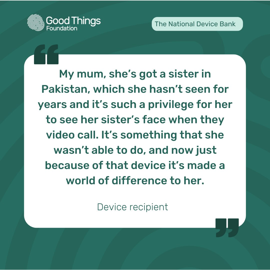 The internet and technology are lifelines keeping people connected globally 🌏 

Company donations of disused devices and access to devices through the #NationalDeviceBank tackles digital exclusion and isolation, keeping families in touch.

Find out more👇
bit.ly/3BbZXJz