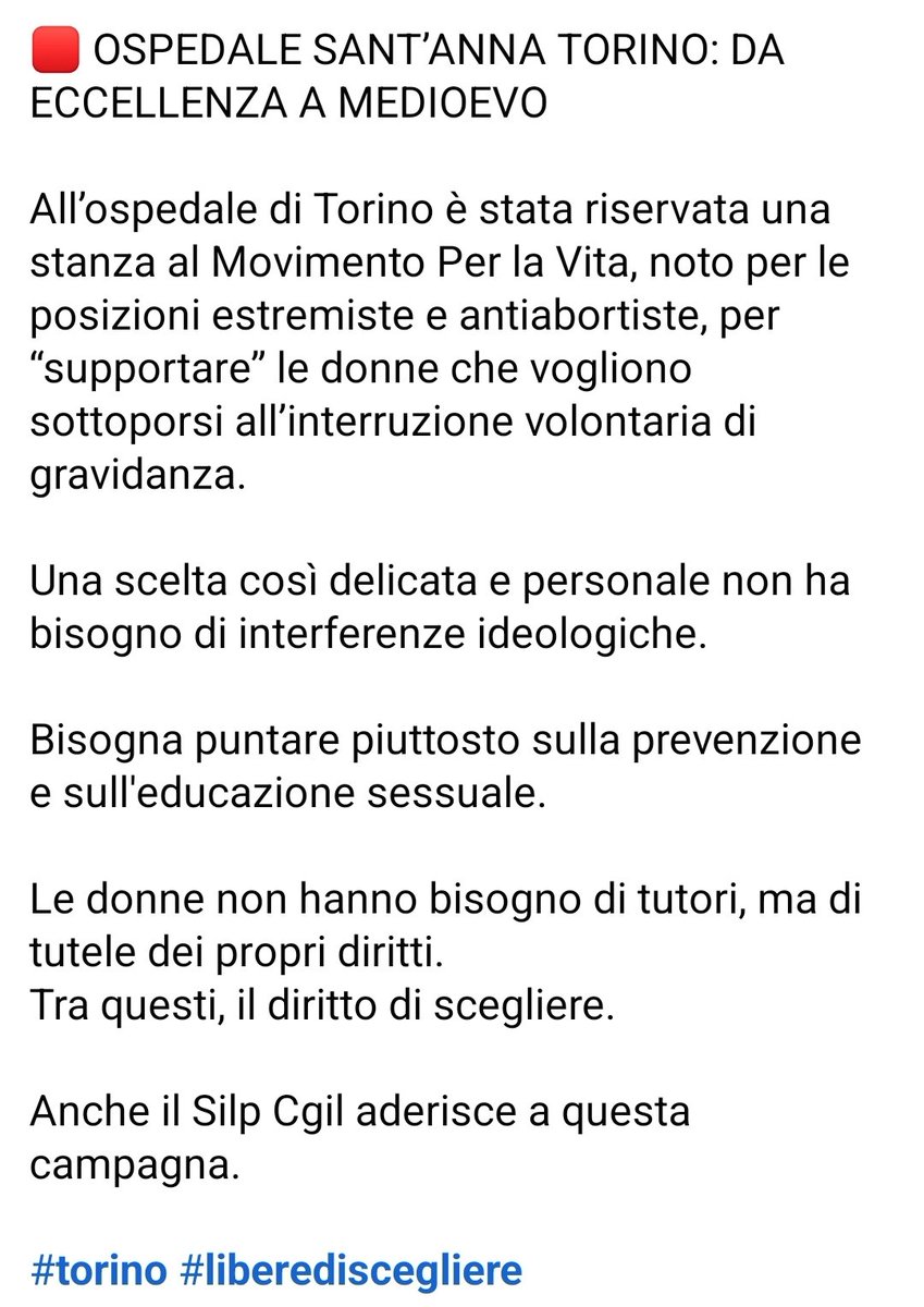 silp_cgil's tweet photo. 🟥 OSPEDALE SANT’ANNA TORINO: DA ECCELLENZA A MEDIOEVO

All’ospedale di Torino è stata riservata una stanza al Movimento Per la Vita, noto per le posizioni estremiste e antiabortiste, per “supportare” le donne che vogliono sottoporsi all’interruzione volontaria di gravidanza. https://t.co/tYezZtdQQP