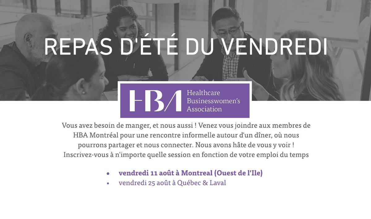 HBACanada's tweet photo. HBA Montreal: Friday Summer Lunches /Les repas d'été du vendredi
N’oubliez pas venez rejoindre les membres de HBA Montréal pour une rencontre informelle autour d'un dîner, où nous pourrons partager et nous connecter. Nous avons hâte de vous y voir !
https://t.co/7yOtLg5W3Y https://t.co/RALeeJnfPa
