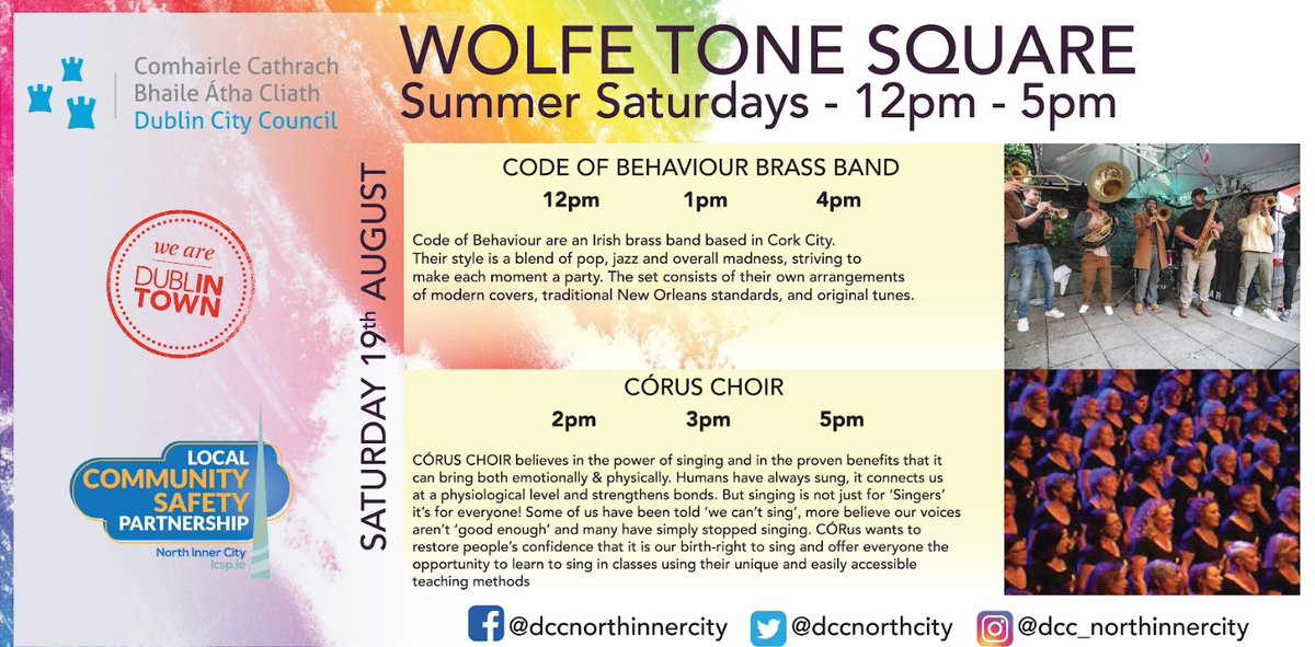 #SummerInDublin sessions continue @ #WolfeToneSquare #Dublin1 this Sat,19 August, 12-5pm featuring @codeofbehaviour & #CÓRus. Proudly brought to you by @dubcitycouncil & @dublintown. @DCCCultureCo @neic_dublin @lovindublin #familyfun #free #events #yourcouncil