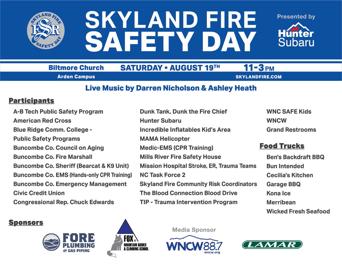 Skyland Fire Department Safety Day presented by Hunter Subaru
Aug 19th 11am-3pm at <a href="/biltmore/">Biltmore Church</a> Arden Campus. The event will focus on safety around the home, fire safety tips, health and wellness, CPR and first aid training, demo of new ladder truck and fire engine.