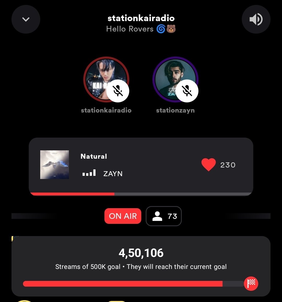 We are only 50K streams away from our 500K goal, please keep on joining the party. 🔥 We also have one of our all time bestie @StationZayn with us for a while, enjoy Rovering with zquads for a bit too 😚 🔗: stationhead.com/stationkairadio Let's go 100 listeners soon 💛 #KAI_Rover