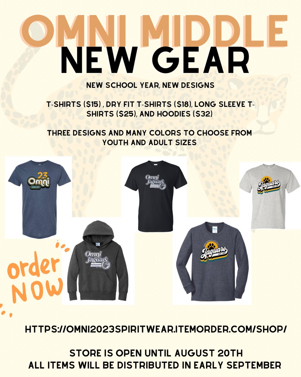 Omni Middle T-Shirts, Dry Fit T-Shirts, Long Sleeve T-Shirts, and Hoodies are on sale now! Purchase your new gear at omni2023spiritwear.itemorder.com/shop/home/ <a href="/NDeluz/">Dr. Nikkia Deluz</a> <a href="/MichaelCrumAp/">Michael Crum</a> <a href="/omniptsajaguars/">OMNIJAGUARSPTSA</a> <a href="/RachelCapitano/">Rachel Capitano</a> <a href="/southPbcsd/">SouthRegionPBCSD</a>