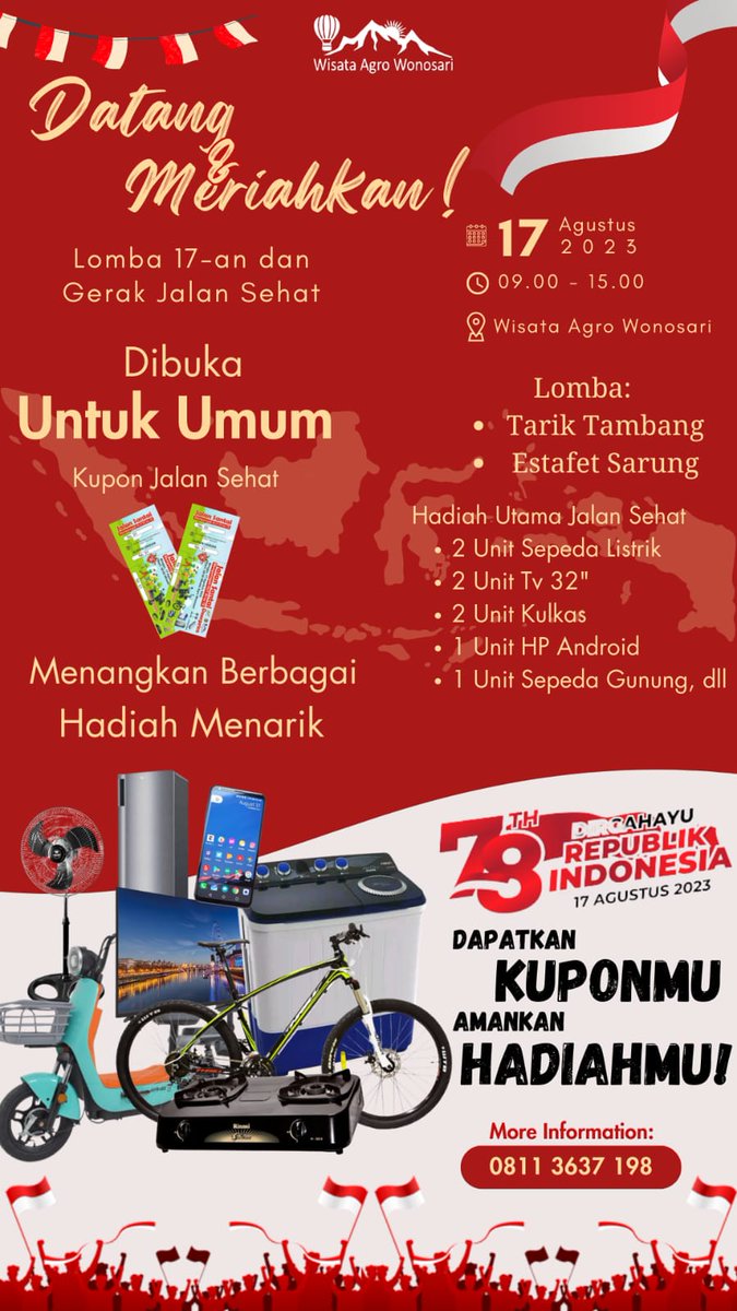 WAWonosari's tweet photo. 👇🏻 *Location :*
 📍https://t.co/LClRT4Dr10
_Wisata Agro Wonosari_

*🇮🇩🇮🇩Independent Day 2023 🇮🇩🇮🇩*

 _▶️17 Agustus 2023_

 *⏰Starting at 9am - End* https://t.co/nPXIFcr5lp