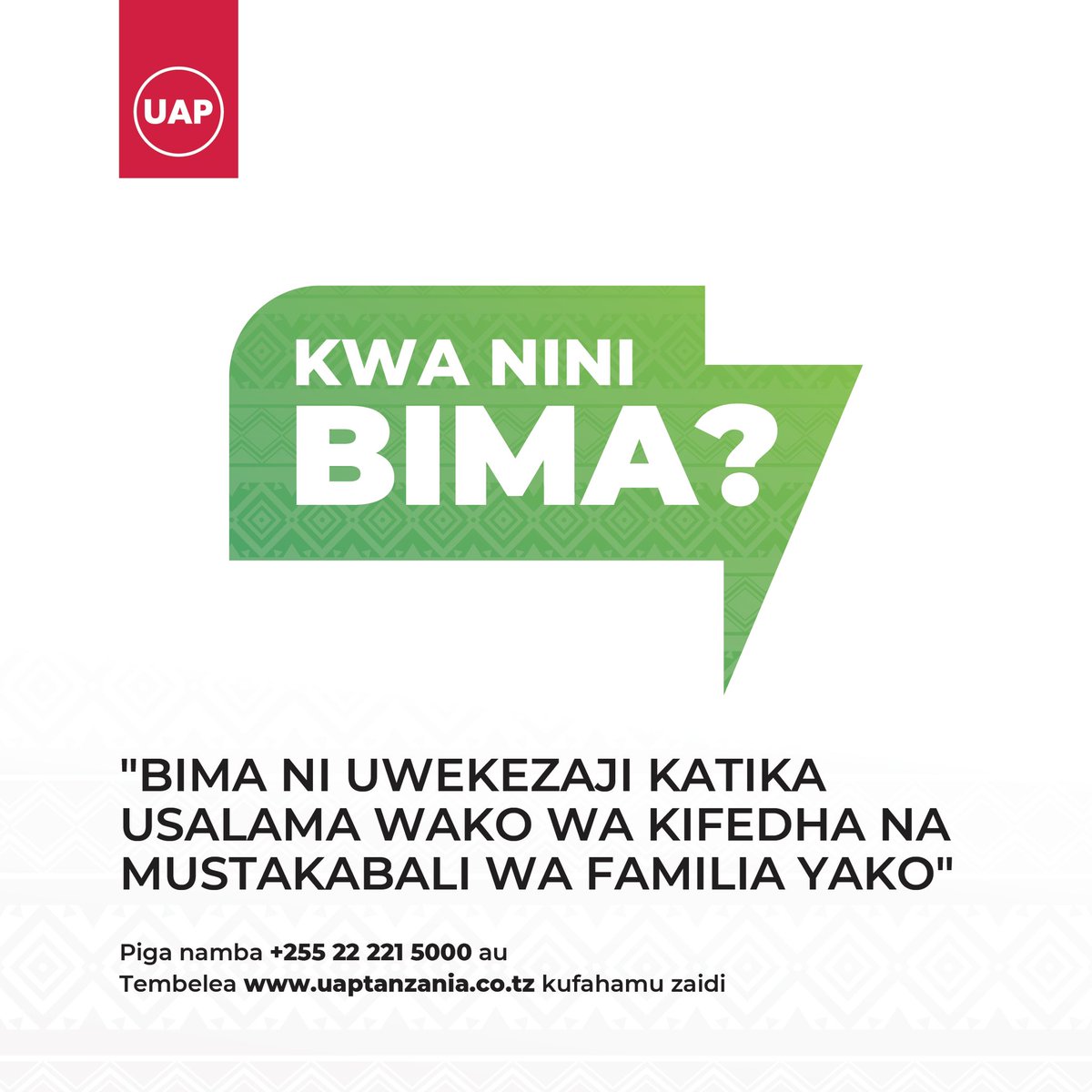 uaptz's tweet photo. KWA NINI BIMA?

“Bima ni uwekezaji katika usalama wa biashara, mali na familia.”

Wasiliana nasi kwa: +255 22 221 5000 au Tembelea https://t.co/Mu4SjNVnvH kwa maelezo zaidi

#kwaninibima #uaptz #bimanauap #bima https://t.co/g2nbpQyfVm