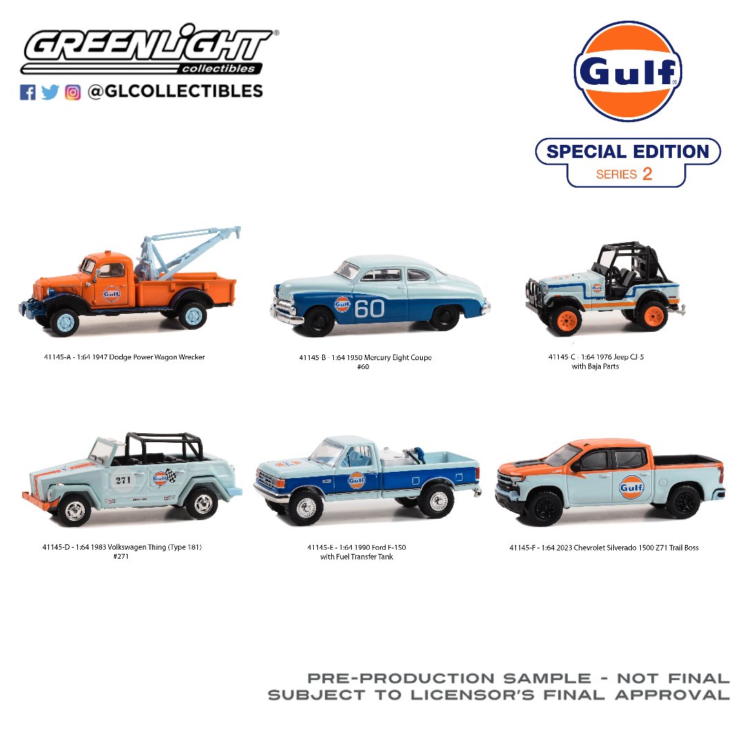 GLCollectibles's tweet photo. Gulf Oil's distinctive blue and orange color scheme is unmistakable and iconic. Which of these vehicles will you be making sure to pick up? 🙌

# 41145
Expected Release Date: November 2023
1:64 Gulf Oil Special Edition Series 2 Assortment 
#GLDeco #GulfOil #GreenLightCollectibles https://t.co/b9dLVQFx6p
