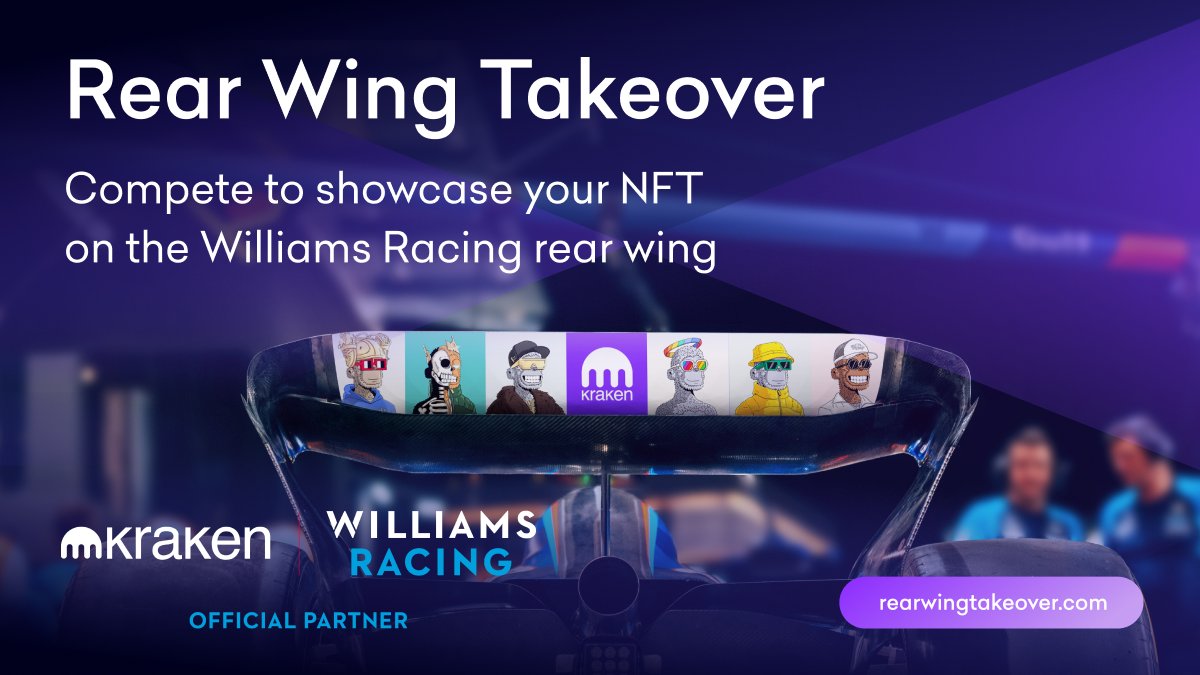 Manage an NFT collection supported by Kraken? Request a graphic like this to share with your community! Collection Accounts/Team Members: Comment below with up to six images of the NFTs you want on the rear wing and we will create it for you. @WilliamsRacing #RearWingTakeover