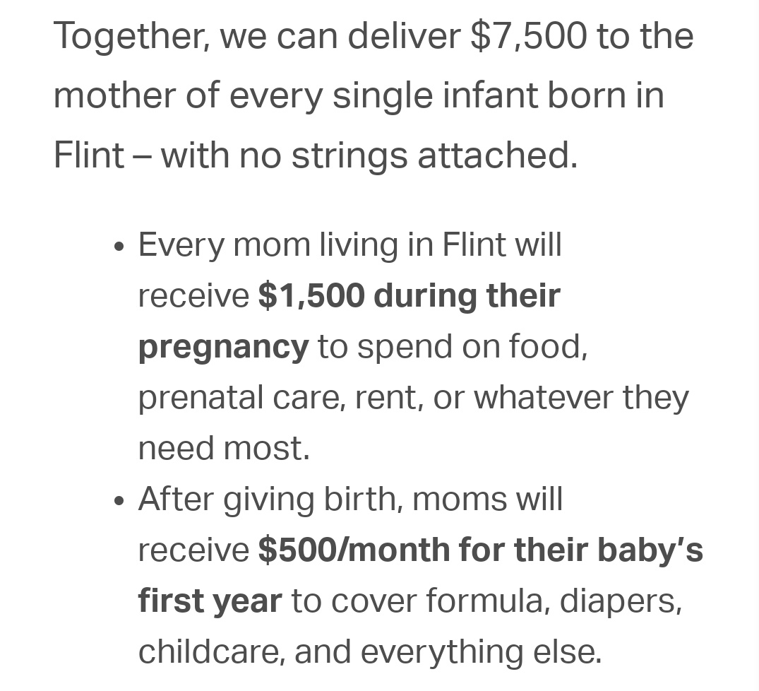 Scott Santens (@scottsantens) on Twitter photo New #BasicIncome program in Flint, Michigan just dropped thanks to <a href="/GiveDirectly/">GiveDirectly💸</a>. You can now directly donate to every pregnant mom there. Every mom will get $1,500 during their pregnancy followed by $500/mo for a year.
givedirectly.org/rxkids/ #rxkids New #BasicIncome program in Flint, Michigan just dropped thanks to <a href="/GiveDirectly/">GiveDirectly💸</a>. You can now directly donate to every pregnant mom there. Every mom will get $1,500 during their pregnancy followed by $500/mo for a year.
givedirectly.org/rxkids/ #rxkids