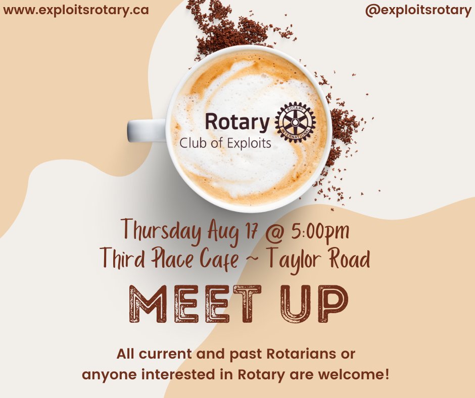 Join us on Thurs, Aug 17, 5pm at The Third Place Cafe for an informal Rotary Meet Up. All current and past #Rotarians or anyone interested in learning more about #Rotary are welcome. There will not be a lunch meeting that day.
