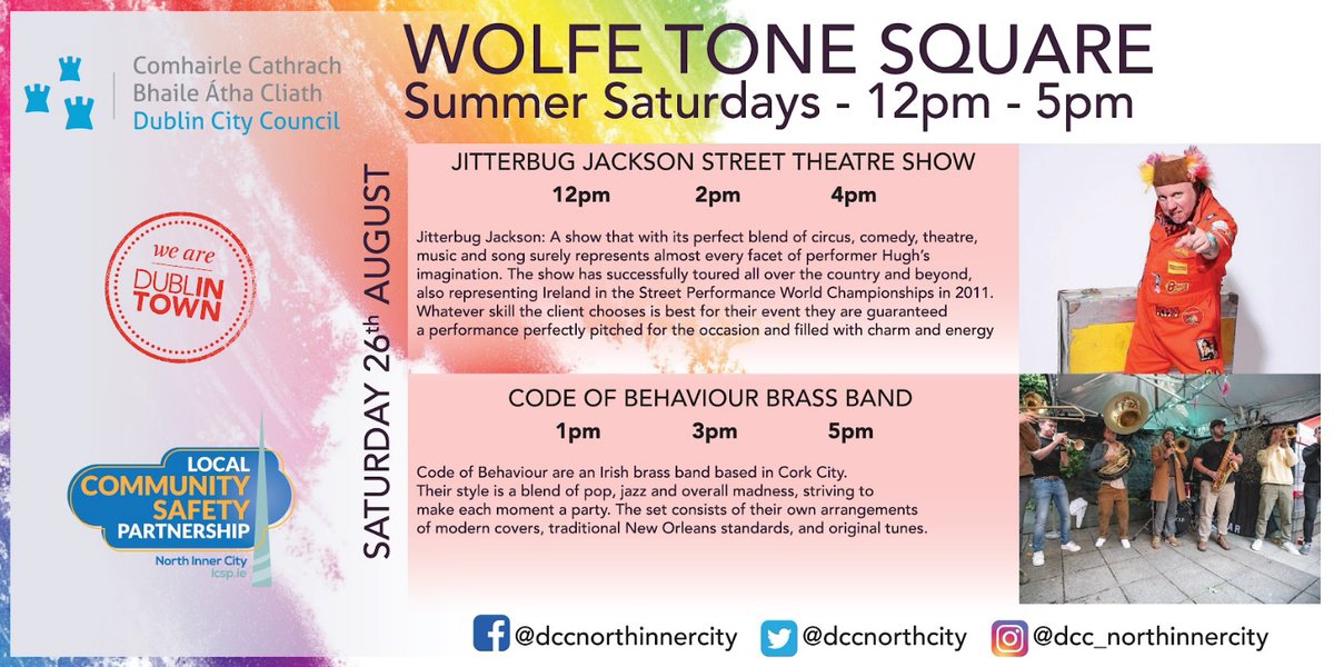 DCCnorthcity's tweet image. #SummerInDublin sessions continue @ #WolfeToneSquare #Dublin1 this Sat, 26 August, 12-5pm featuring @hubertbrown &amp;amp; @codeofbehaviour.  Proudly brought to you by @dubcitycouncil &amp;amp; @dublintown. @DCCCultureCo @neic_dublin @lovindublin #familyfun #free #events #yourcouncil