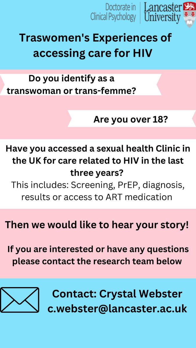 Check out this research study if you are a #transwoman or #transfemme and accessed a #sexualhealthclinic in the UK for #HIV care over the last 3 years 🏳️‍⚧️